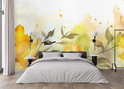 watercolor illustration of yellow flowers in wide border - Generative AI  Wall mural