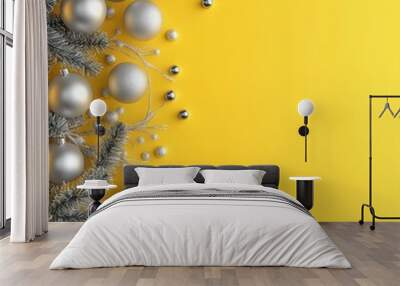 Christmas yellow background with Christmas balls and gray decorations Wall mural