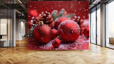 Red Christmas balls on a red background. Merry Christmas and happy New Year background Wall mural