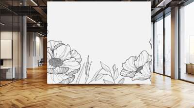 Botanical line bakground with flowers and leaves. Floral foliage for wedding invitation, wall art or card template Wall mural