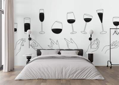 Collection of different woman hands gestures hold wineglass or drink cocktails. Minimal linear trendy style. Line icons or symbol of female hand for logo in restaurant or bar. Vector Wall mural