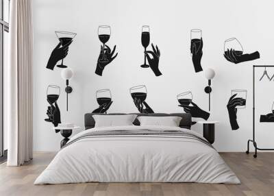 Collection of different woman hands gestures hold wineglass or drink cocktails. Minimal silhouette trendy style. Line icons or symbol of female hand for logo in restaurant or bar. Vector Wall mural