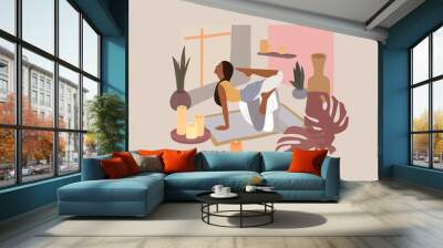 Cute girl doing yoga poses. Lifestyle by young woman in home interior with homeplants. Fashion illustration by femininity, beauty and mental health. Feminine cartoon Wall mural