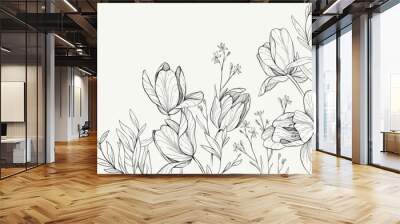 Floral bakground with bouquet of various flowers. Botanical foliage for wedding invitation, wall art or wallpaper. Vector illustration Wall mural