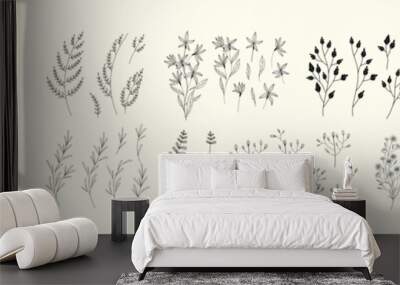 floral branch and minimalist leaves for logo or tattoo. hand drawn line wedding herb, elegant wildfl Wall mural