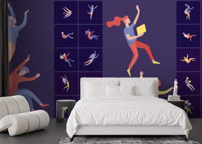 Inspired People flying in space and interacting with gadgets and papers. Characters set moving and floating in dreams, imagination and inspiration. Flat design style Wall mural