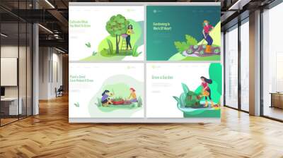 landing page template with happy Harvesting tips and gardening people doing farming job, grow garden, watering, planting, growing and transplant sprouts, lay vegetables. Cartoon character illustration Wall mural