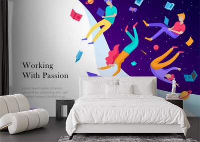 landing page template. Inspired People flying. Create your own spase. Character moving and floating in dreams, imagination and freedom inspiration design work. Flat design style Wall mural