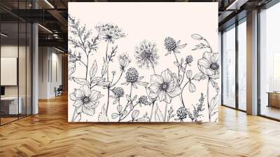 Luxury botanical background with trendy wildflowers and minimalist flowers for wall decoration or wedding. Hand drawn line herb, elegant leaves for invitation save the date card. Botanical rustic Wall mural