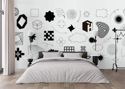 Retrofuturistic geometry design elements collection. Cyber neo futuristic style 80s 90s glitch brutalism shapes, minimalist geometric elements, abstract bauhaus. Minimalist star and flower forms Wall mural