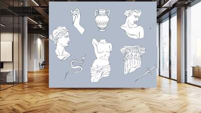 Set of antique marble statues with broken elements. Greek classic ancient of Venus, amphora. Modern tattoo and logo. Hand drawn mythical trendy Vector Wall mural