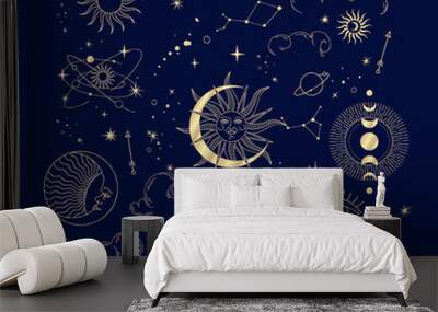 Set of celestial mystic esoteric magic elements sun moon and clouds Different stages of moon, zodiac Signs. Alchemy tattoo object logo template. Vector Wall mural