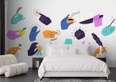 Set of colorful hands holding various stuff. Different operations and gestures. Hand drawn vector illustration Wall mural