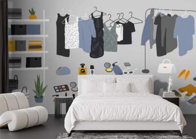 Set of wardrobe stuff. Closet wardrobe furniture inside. Various bag, shoes, cosmetics and trendy clother. Interior things in scandinavian design style. Hand drawn isolated elements. Cartoon vector Wall mural