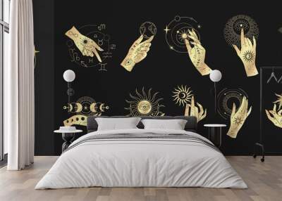 Spiritual esoteric magic logo or talisman with woman hands in silhouette style with stars, sacred geometry moon and sun. Alchemy mystic tattoo object logo template. Vector Wall mural