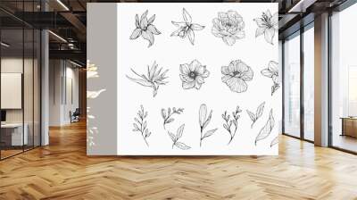 Trendy flowers for logo or decorations. Hand drawn line wedding decoraton, elegant leaves for invitation save the date card. Botanical rustic trendy greenery Wall mural