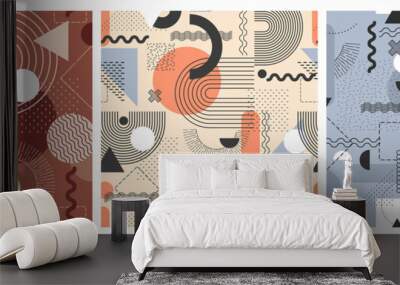 Vector seamless pattern with abstract Bauhaus or Memphis geometric shapes and composition. Retro elements, geometric pattern for banner, poster Wall mural