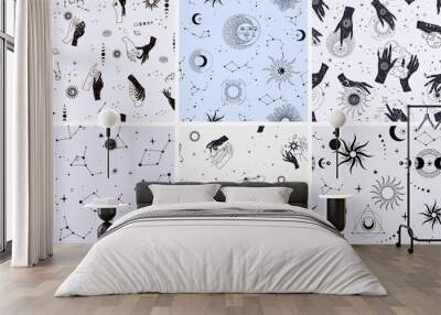 Vector seamless pattern with celestial mystic esoteric magic elements constellations and stars. Alchemy tattoo template. Vector Wall mural