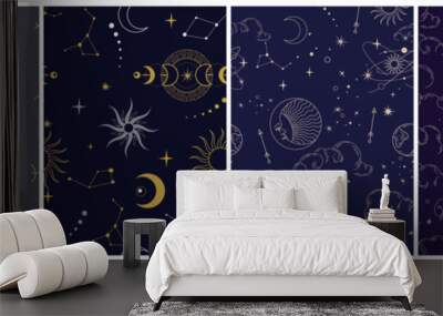 Vector seamless pattern with celestial mystic esoteric magic elements sun moon and clouds Different stages of moon, zodiac Signs. Alchemy tattoo template Wall mural