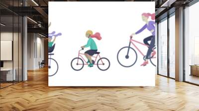 Young woman and man ride the bike, family and friends riding bicycles. Mom, dad and children on bike and cycling together. Sports outdoor activity. Cartoon vector illustration Wall mural