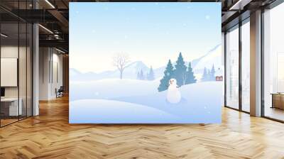 Winter snow covered landscape with a cute snowman, mountain background Wall mural