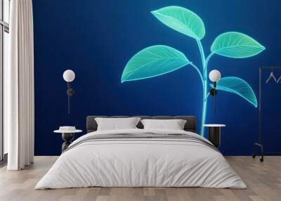 A neon plant with two glowing leaves in 3D line art, rendered against a dark background with neon colors, symbolizing growth, sustainability, and clean energy in a high-resolution, futuristic design Wall mural