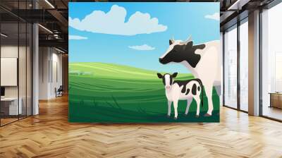 Vector illustration landscape with cow and little baby calf on pasture with ranch on the background. Scenery of farm on green fields, bright and natural Wall mural