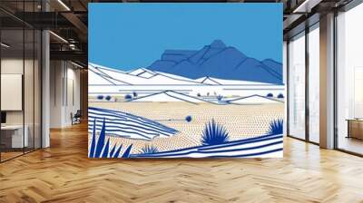 A stylized illustration of a desert landscape featuring blue mountains, white sand dunes, and blue-green desert plants Wall mural