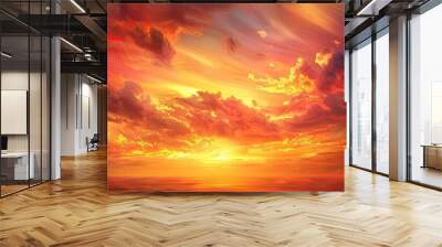 A scenic sunset sky with colorful hues of orange yellow pink and red sunlight casting a warm glow over dramatic storm clouds creating a captivating landscape horizon in a golden summer background wit Wall mural