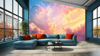 A stunning sky at dawn and dusk with vibrant hues of gold pink blue and more Clouds paint the twilight morning and evening sky creating a scenic cloudy copy space image Wall mural