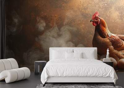 Background with brown chicken and raw eggs, ideal for copy space image. Wall mural