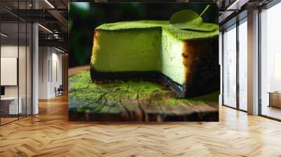 Burnt cheesecake infused with matcha green tea showcased in a copy space image Wall mural