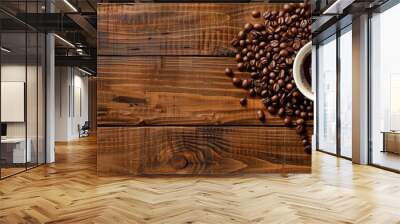 Coffee cup and beans on wooden table provide copy space image. Wall mural