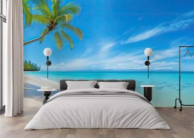 Idyllic tropical beach with palm tree in a panoramic banner photo with a spacious copy space image. Wall mural