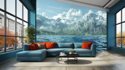 Scenic coastal mountain view from the sea with copy space image Wall mural