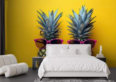 Stylish pineapple couple, one male and one female hipster wearing sunglasses. Creative art concept with a trendy summer vibe, ideal copy space image showcasing fashionable vacation trends. Wall mural