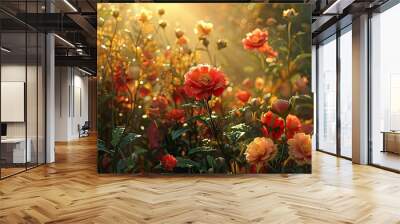 The crimson garden s flowers appeared fresh and beautiful enhancing the scenic beauty max 99 characters. . image with copy space Wall mural