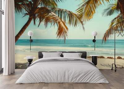 A beach scene with palm trees and a blue ocean Wall mural