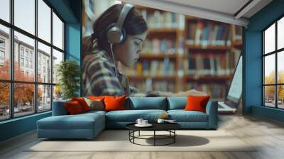 A brunette girl with headphones studying with her laptop in a library Wall mural