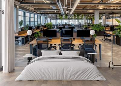 a large office with a large desk and chairs with plants on it Wall mural