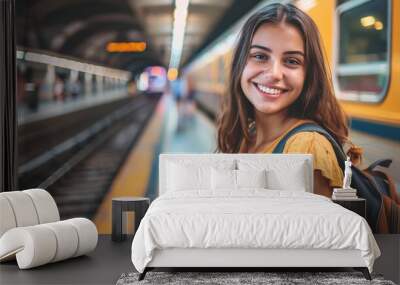 A smiling woman wearing a yellow shirt and backpack stands in front of a train station Wall mural