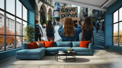 A woman holding a sign that says save the planet. A busy street with many people walking around Wall mural