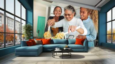 Two friends taking a selfie with the smart phone while having coffee together in the kitchen at home - Sisters spending time together in the morning before going to work Wall mural