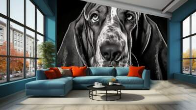 A black and white portrait of a Basset Hound with a wrinkled face. Wall mural