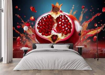 A giant pomegranate bursting open, releasing a torrent of juice. Wall mural