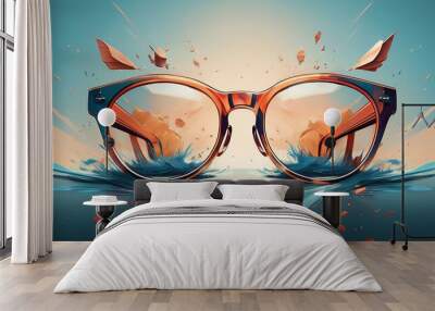 A minimalist poster symbolizing freedom from glasses with a dissolving glasses image. Wall mural