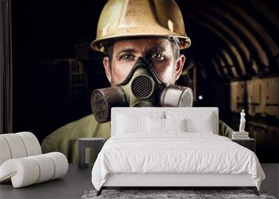 A vintage photograph of a miner wearing a respirator mask. Wall mural