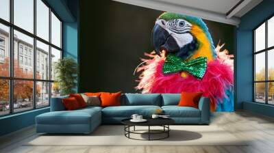 Close-up portrait of parrot with sequined bowtie and neon feather boa. Wall mural