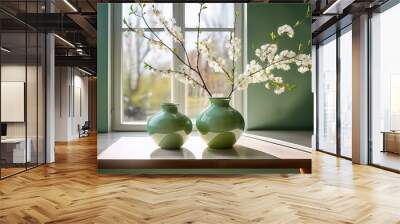 Green Vases and Blooming Branches A serene and minimalist still life featuring two green ceramic vases, one filled with delicate white blossoms. The natural light streams through a window Wall mural