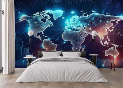 modern and minimalist image that symbolizes the global stock market's interconnectedness sleek, digital world map with nodes and lines representing international trade and stock exchanges Wall mural